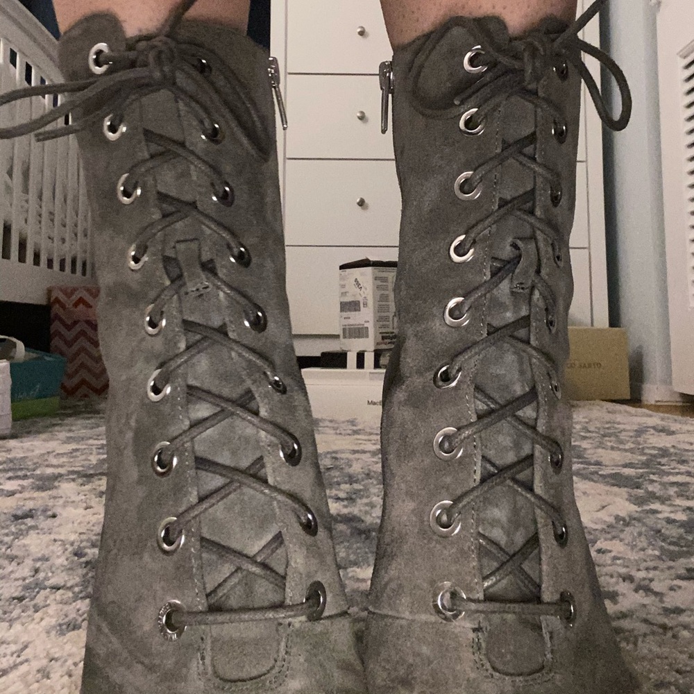 vince camuto grey velvet heels, lace up - Picture 3 of 3